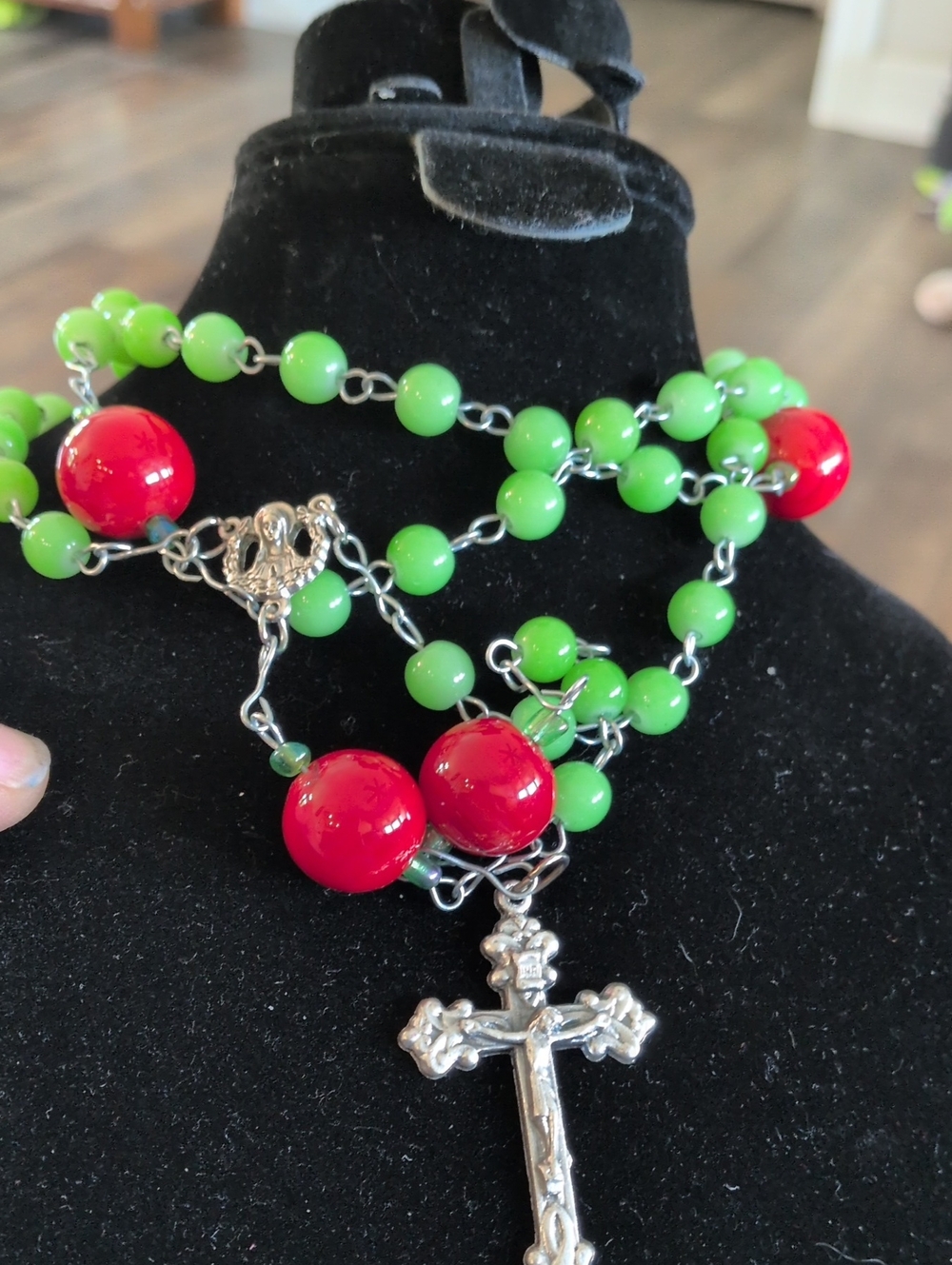 Green and Red Beaded Cross Rosary